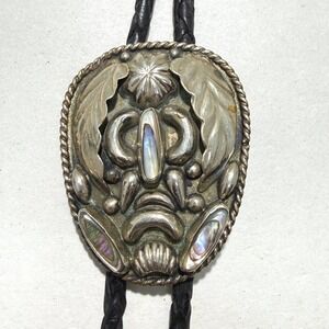 Vintage Alpaca Mexico Bolo Tie Southwest Abalone Shell Leaf Motif